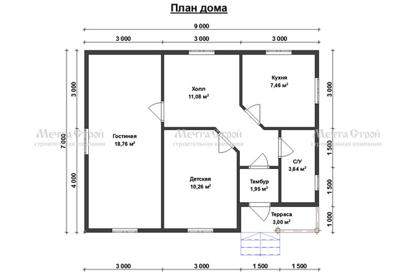 дом из профилированного бруса 9.0x7.0 - схема
