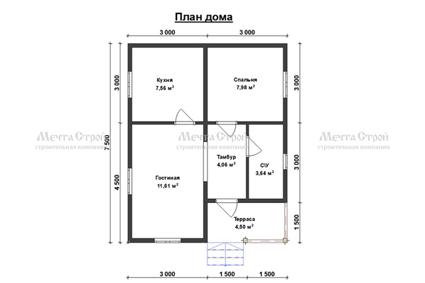 каркасный дом 7.5x6.0 - схема